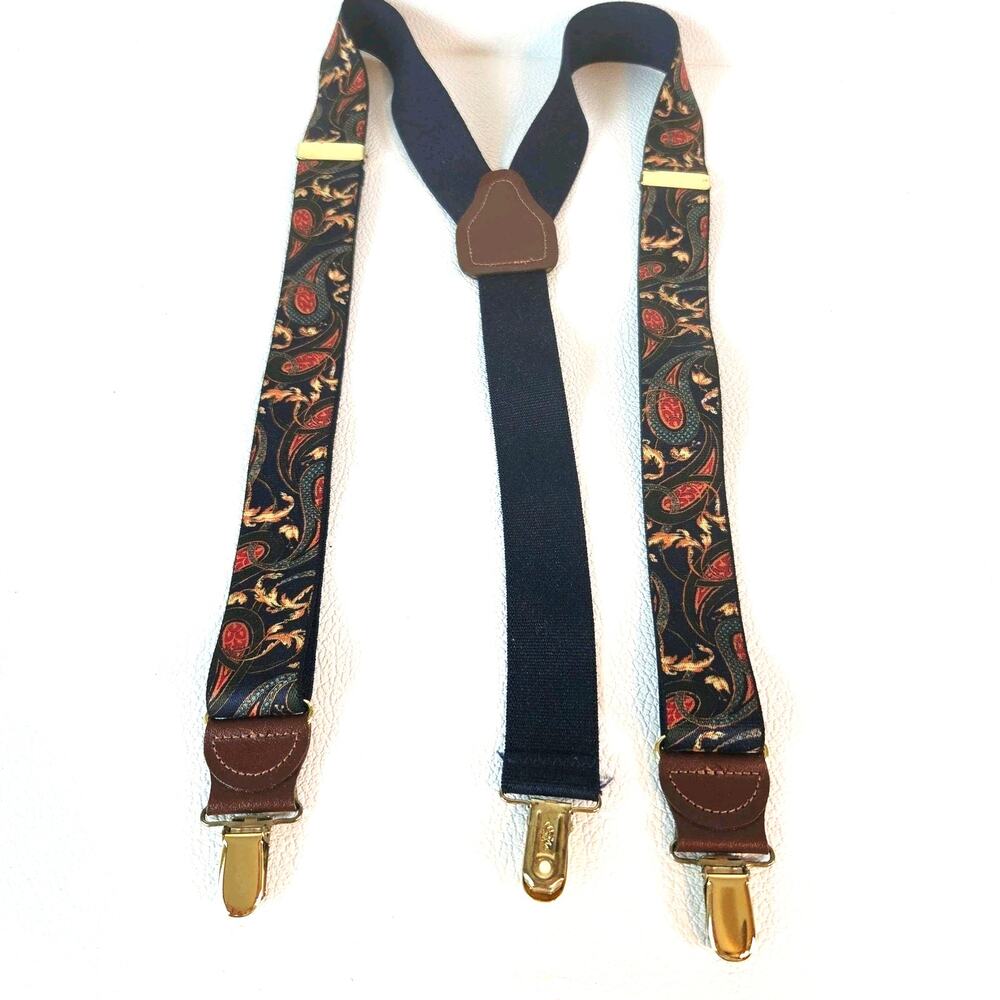 Pelican Suspenders Mens One Size Blue Paisley Clip Y-Back Leather USA Adjustable